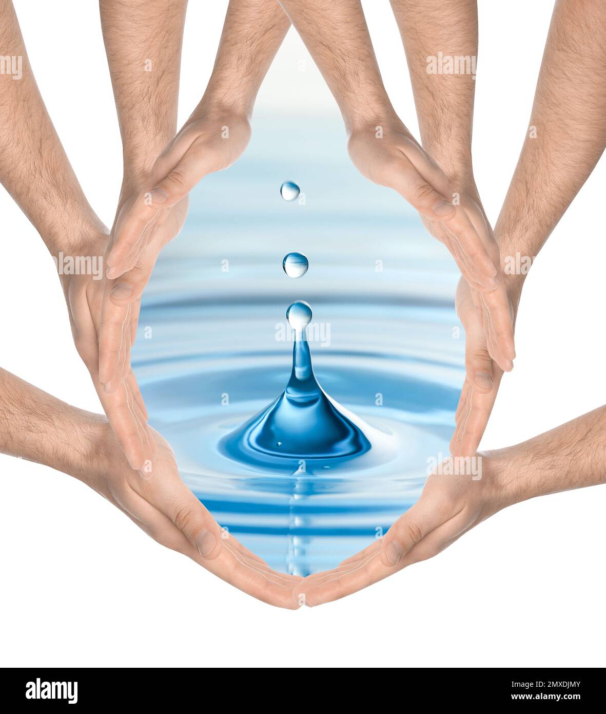 Men forming water drop with their hands on white background. Ecology ...