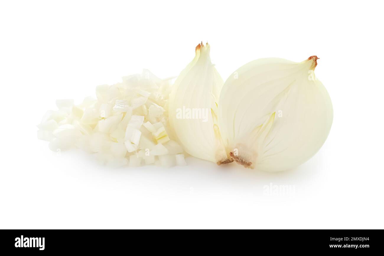 Cut fresh ripe onion on white background Stock Photo