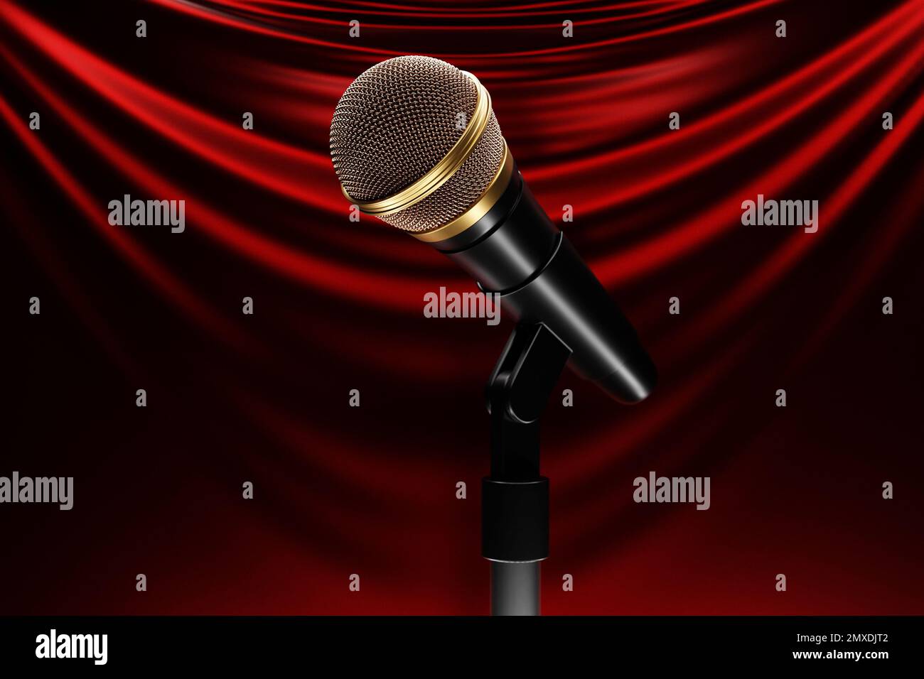 Microphone on the background of the red curtain, realistic 3d ...