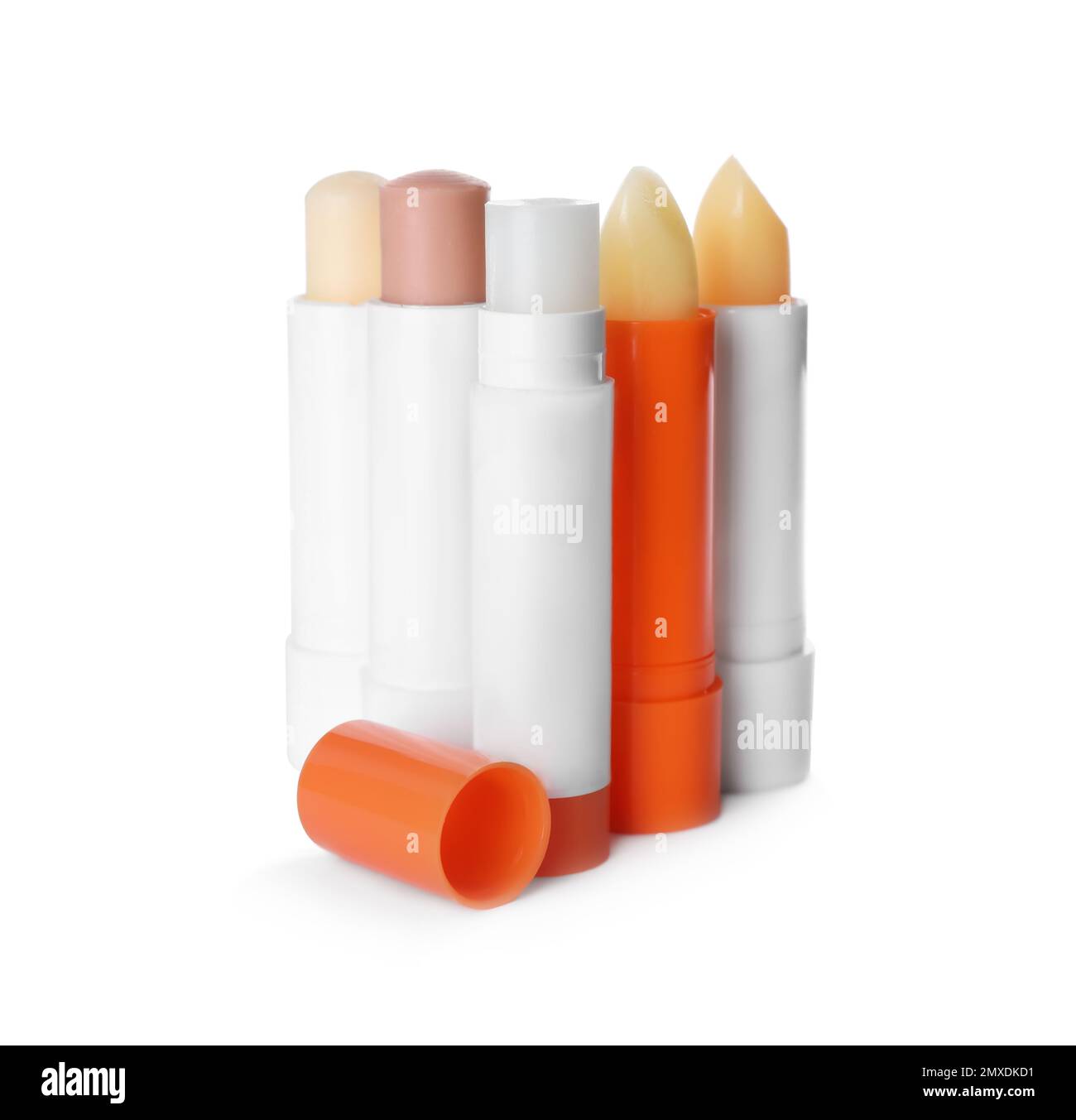 Sun protection lip balms on white background Stock Photo Alamy