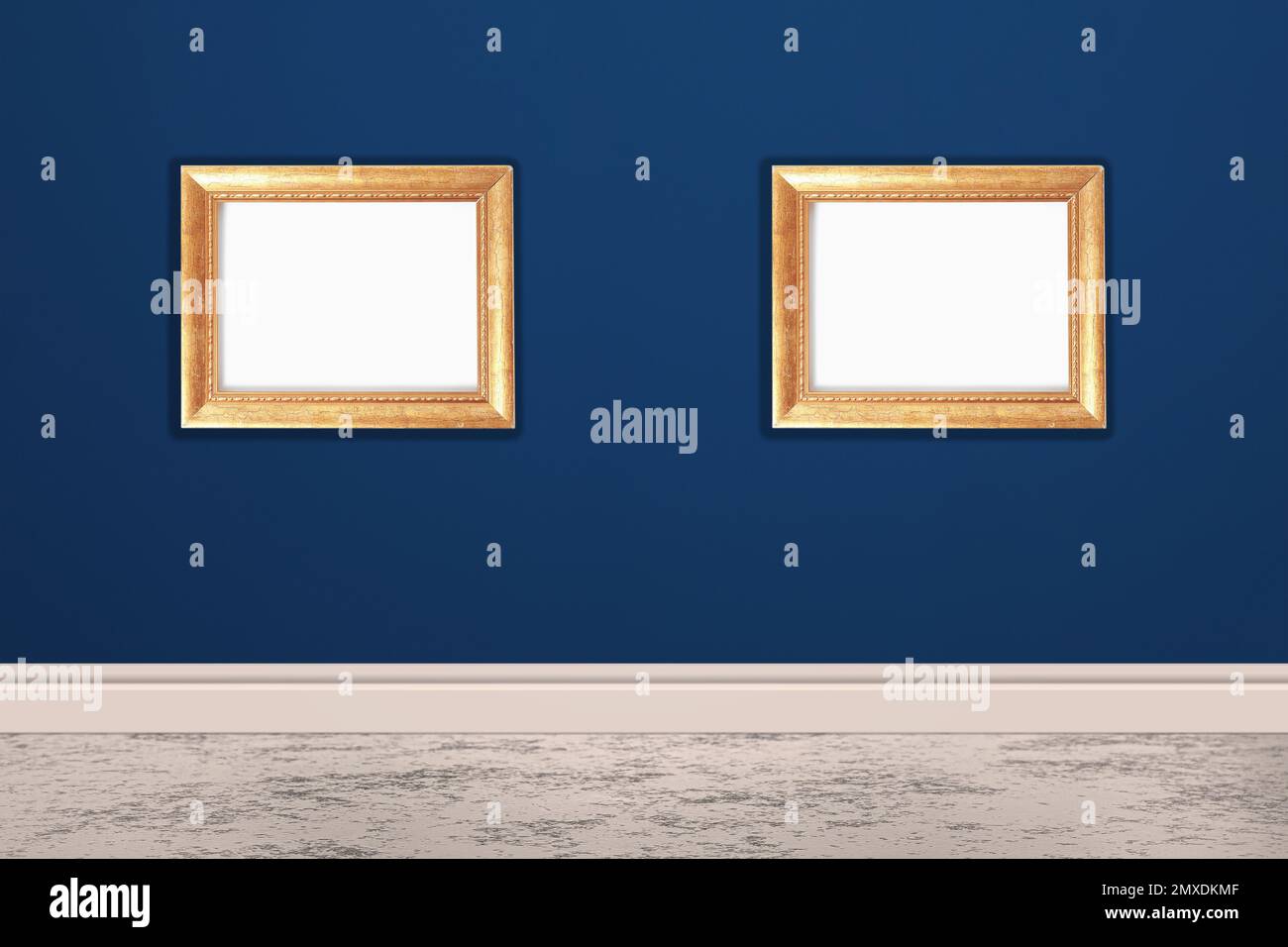Frames with empty canvases on blue wall in modern art gallery. Space