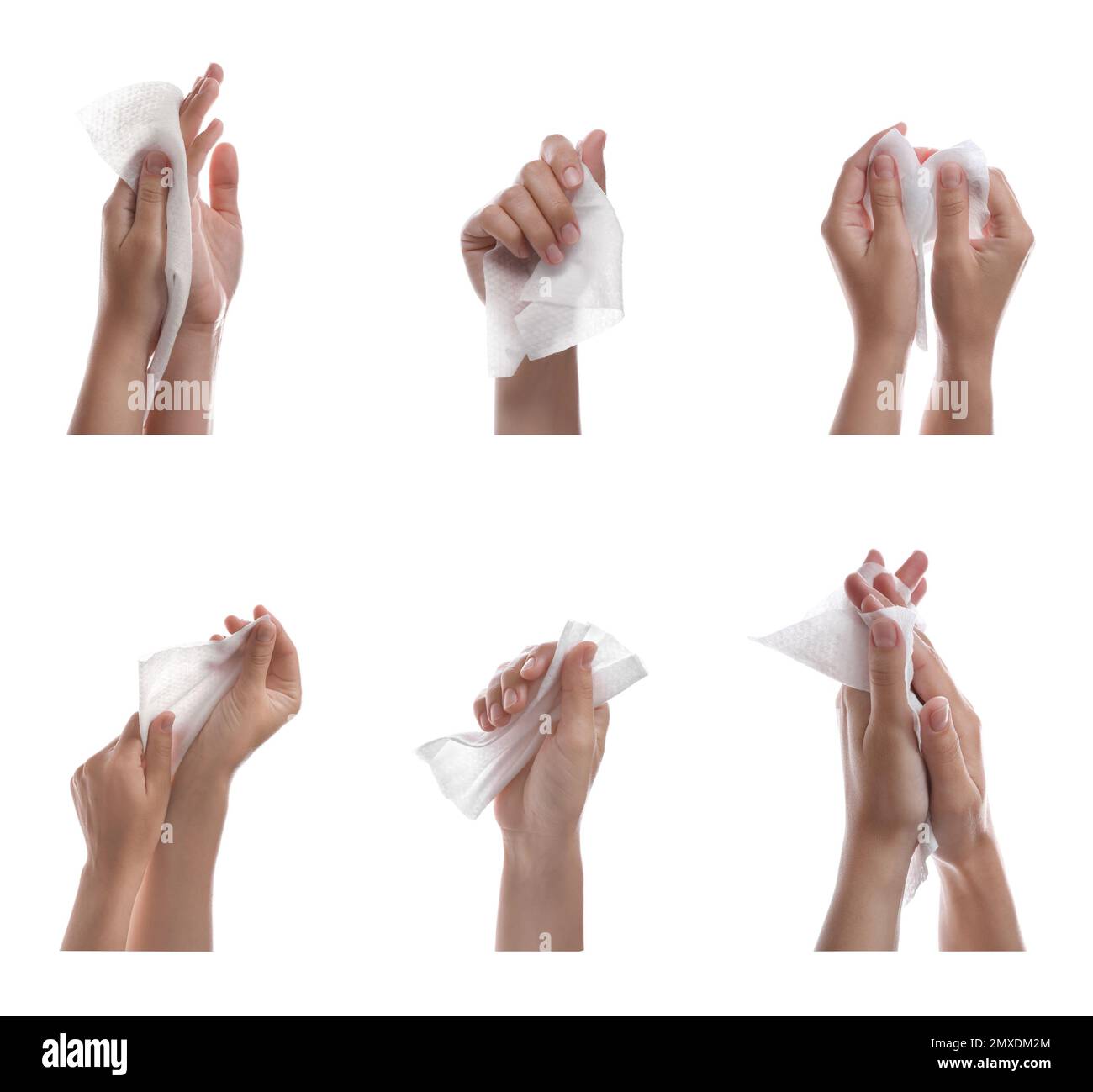 Closeup view of people cleaning hands with wet wipes on white