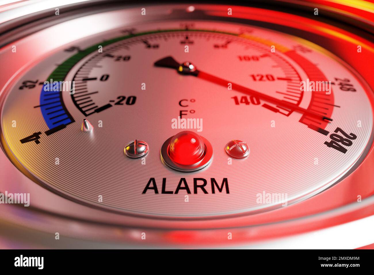 Round temperature sensor with an indicator at a critical level. 3d