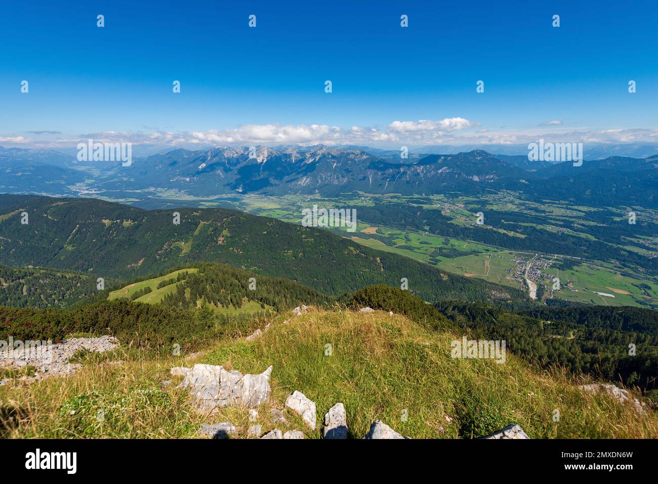 Aerial view of Austria from the Mountain Peak of the Osternig or Oisternig, Carnic Alps, Gailtal Alps, Feistritz an der Gail municipality, Carinthia. Stock Photo