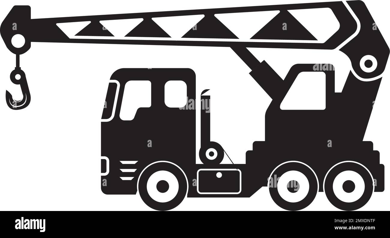 Truck crane icon. Black silhouette. Side view. Vector drawing. Isolated object on a white background. Isolate. Stock Vector