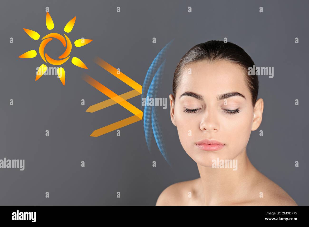 Illustration of sun protection layer and beautiful young woman with
