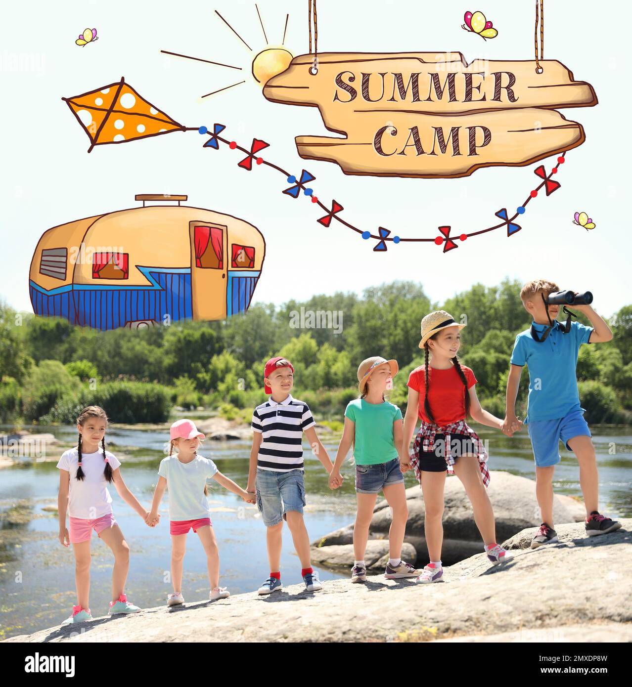 Children at summer camp. Illustrations on background Stock Photo - Alamy