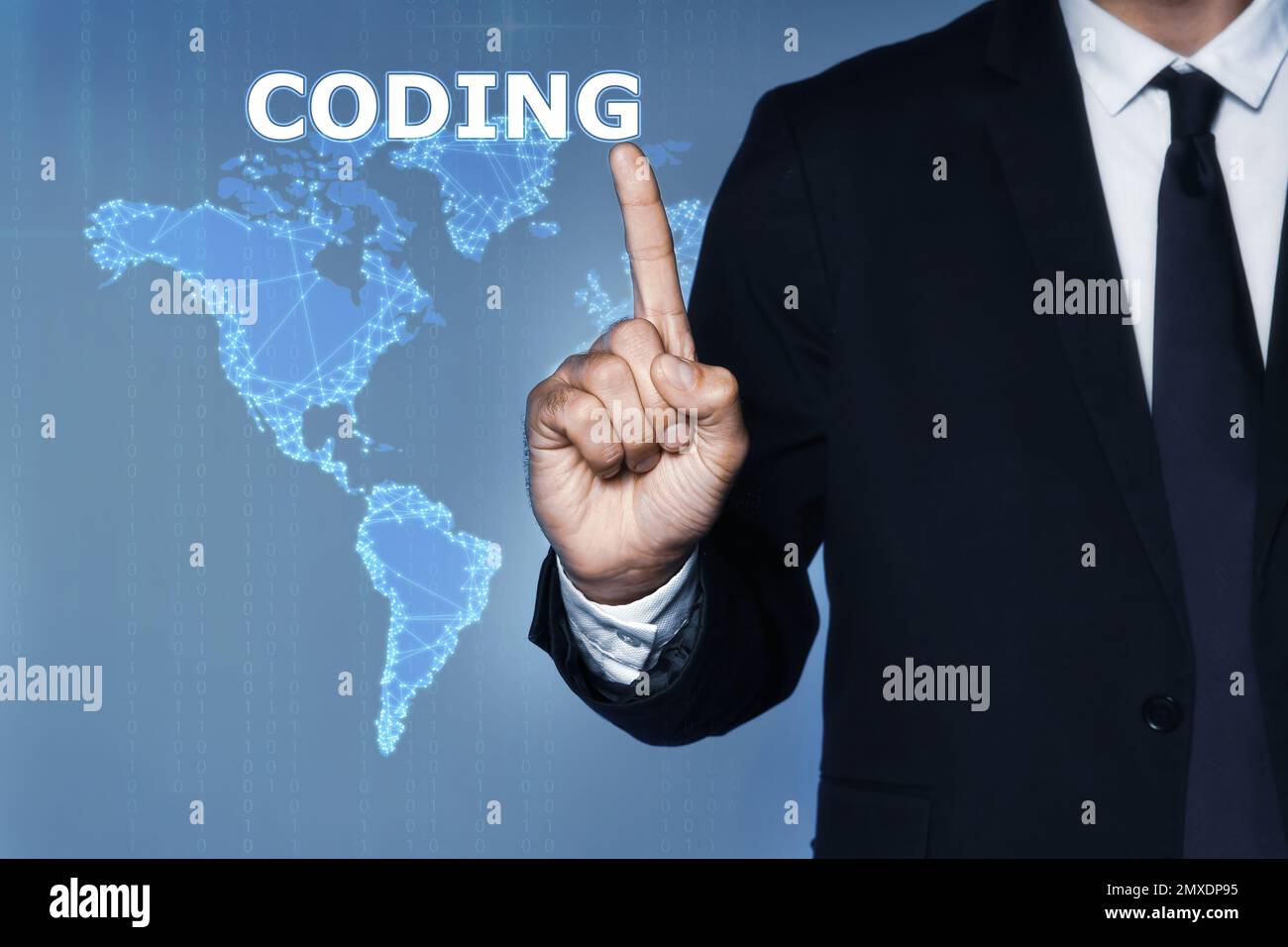 Businessman pointing at word CODING and illustration of digital map on ...