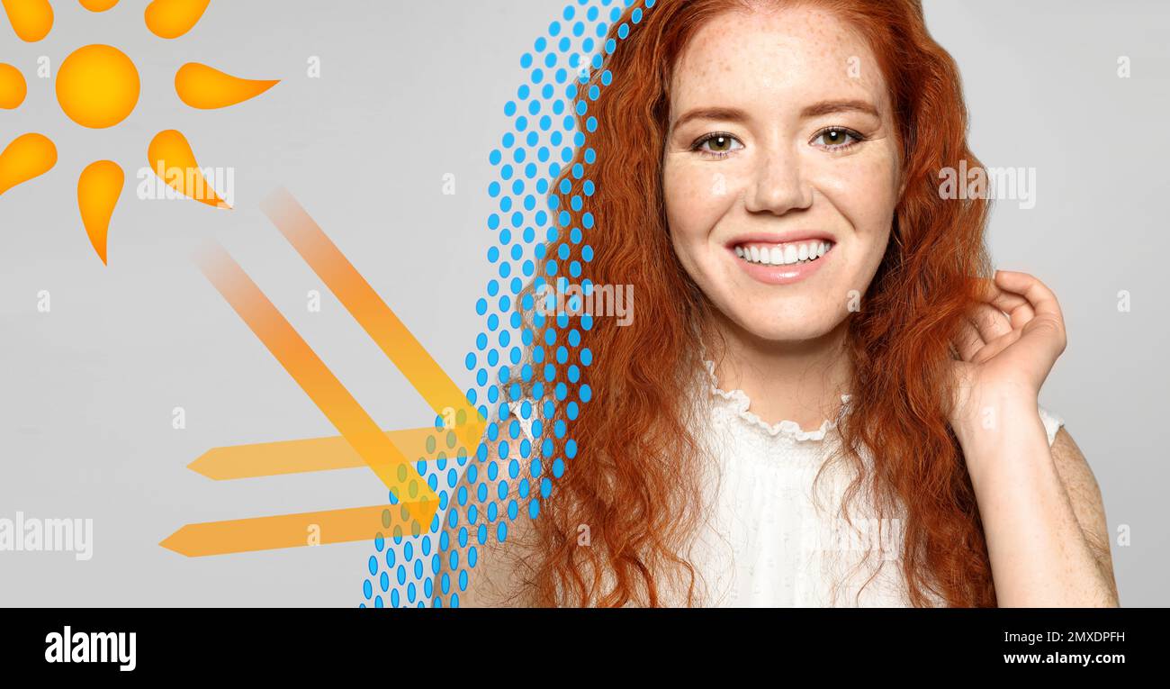 Illustration of sun protection layer and beautiful young woman with