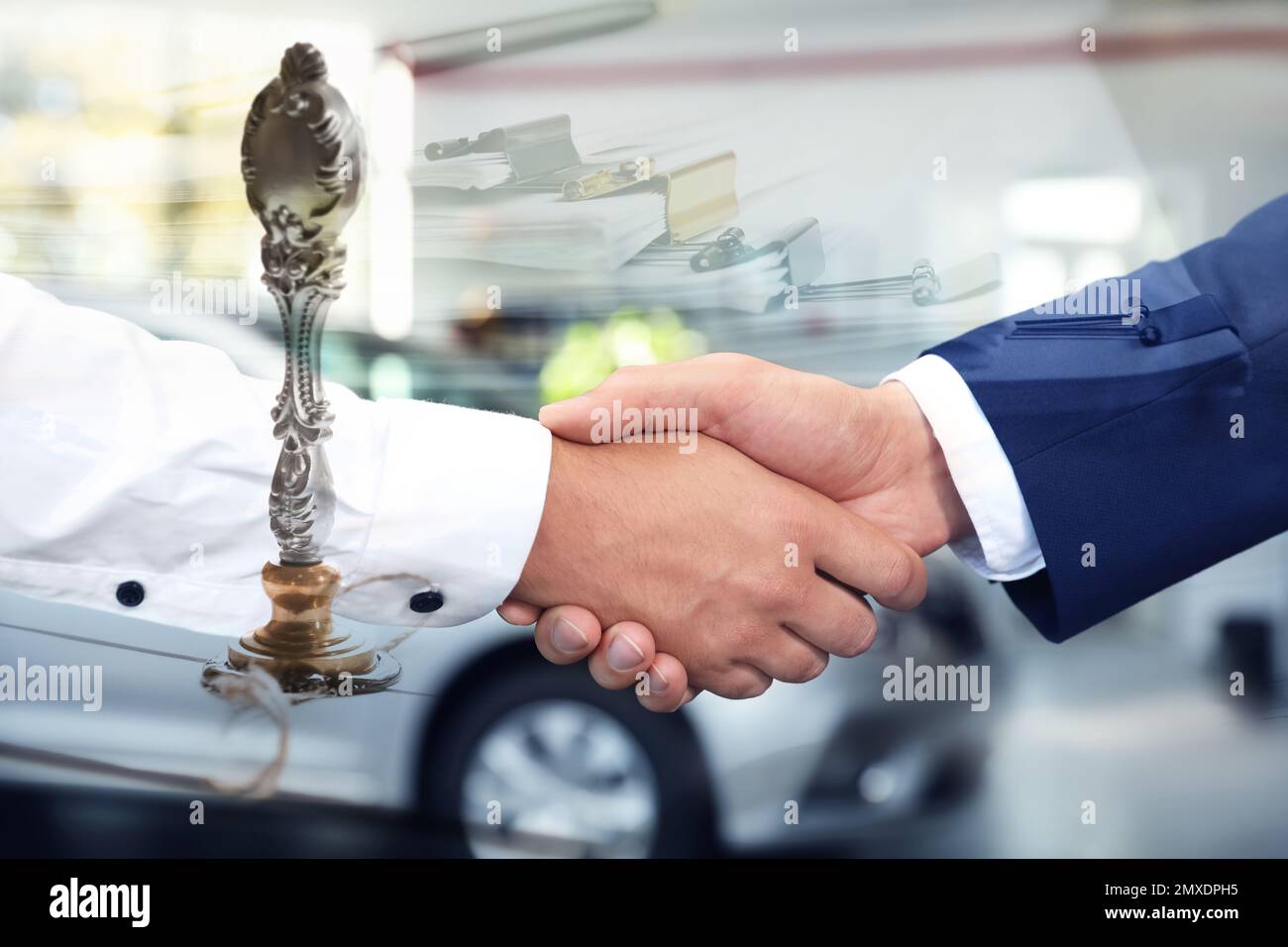 Multiple exposure of documents, vintage stamp and business partners shaking hands, closeup Stock Photo