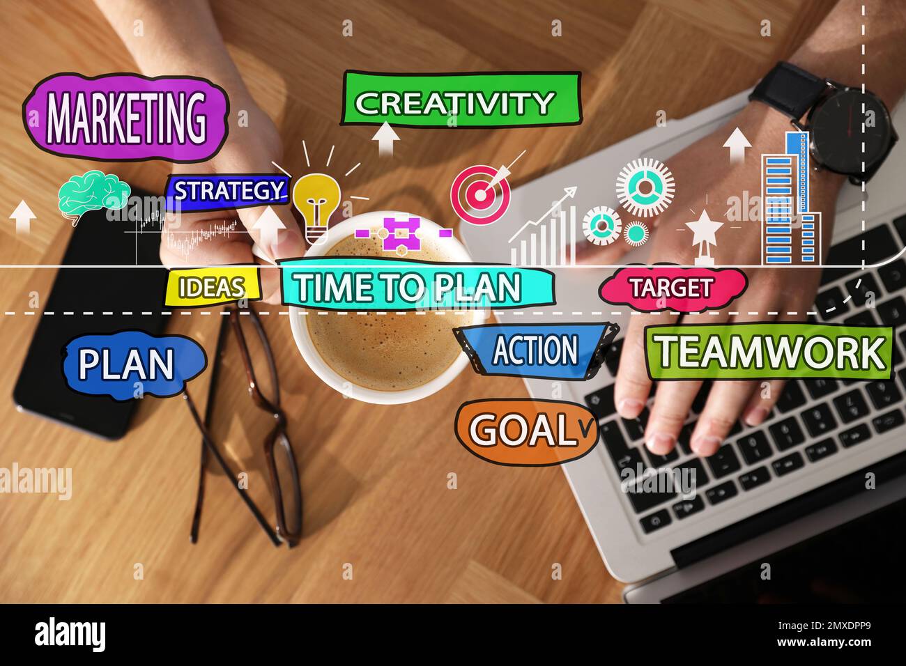 Strategic planning concept. Scheme and man using laptop on background, top view Stock Photo