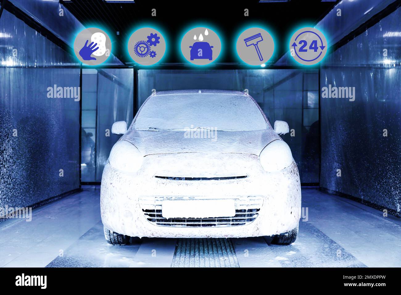 Car wash, full service related icons. Automobile covered with foam Stock Photo Alamy