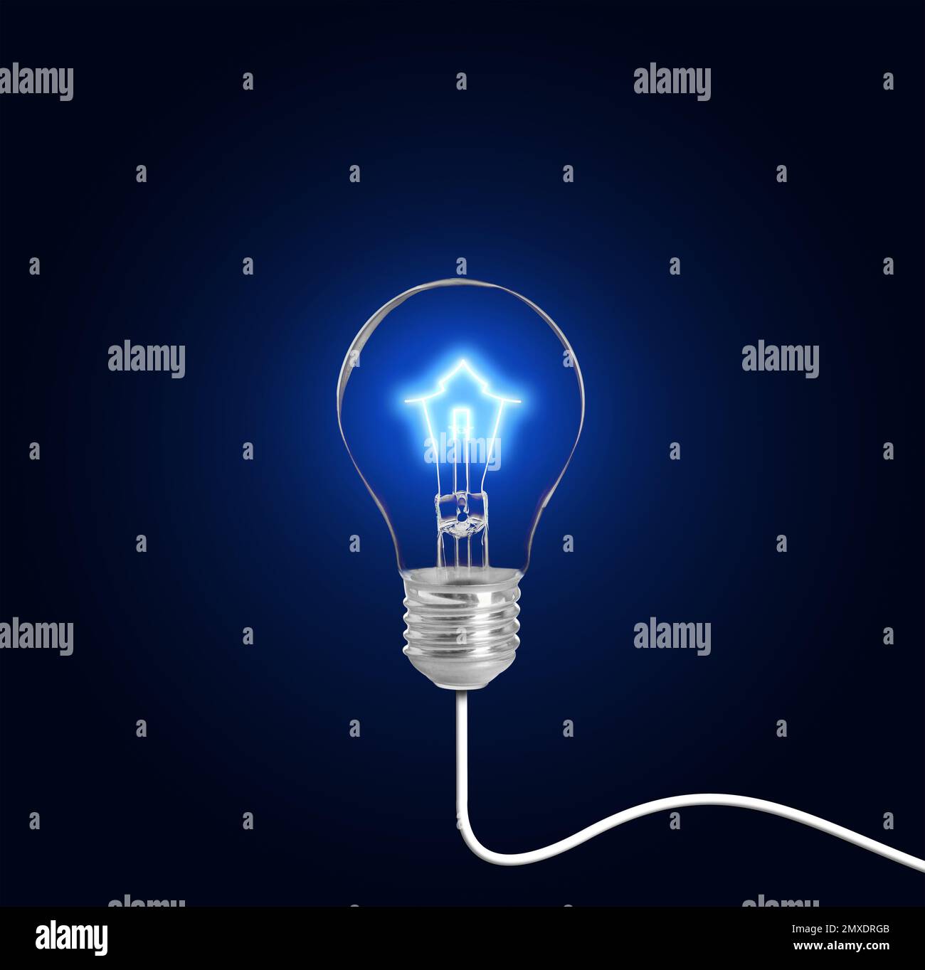 Light bulb with tungsten filament in shape on house on dark background