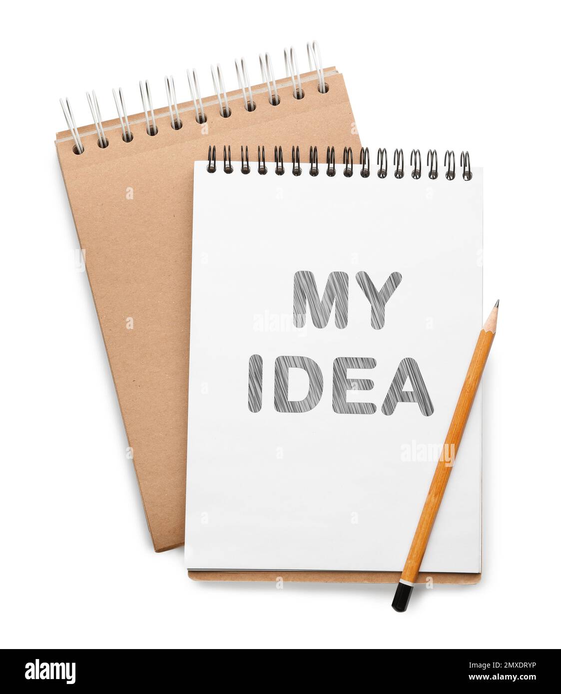 Notebooks, pencil and words MY IDEA on white background, top view Stock