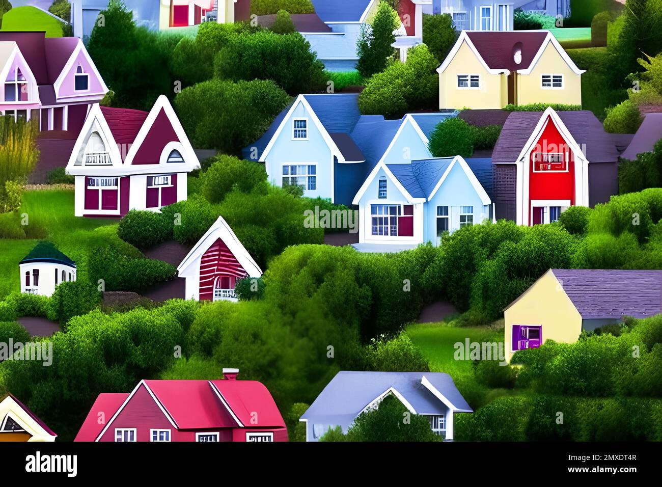 Colorful small homes on a hill in the suburbs concept. Stock Photo