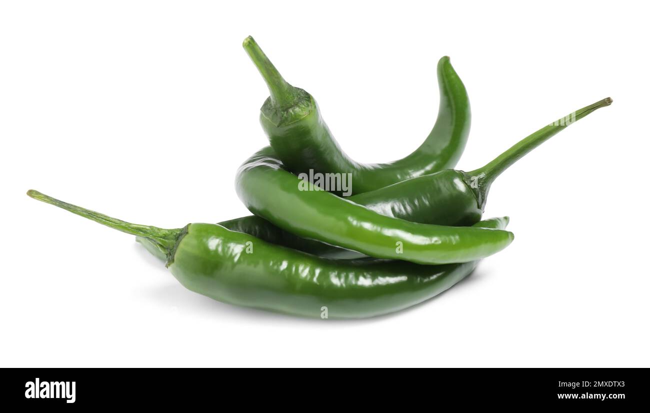 Green hot chili peppers on white background Stock Photo - Alamy