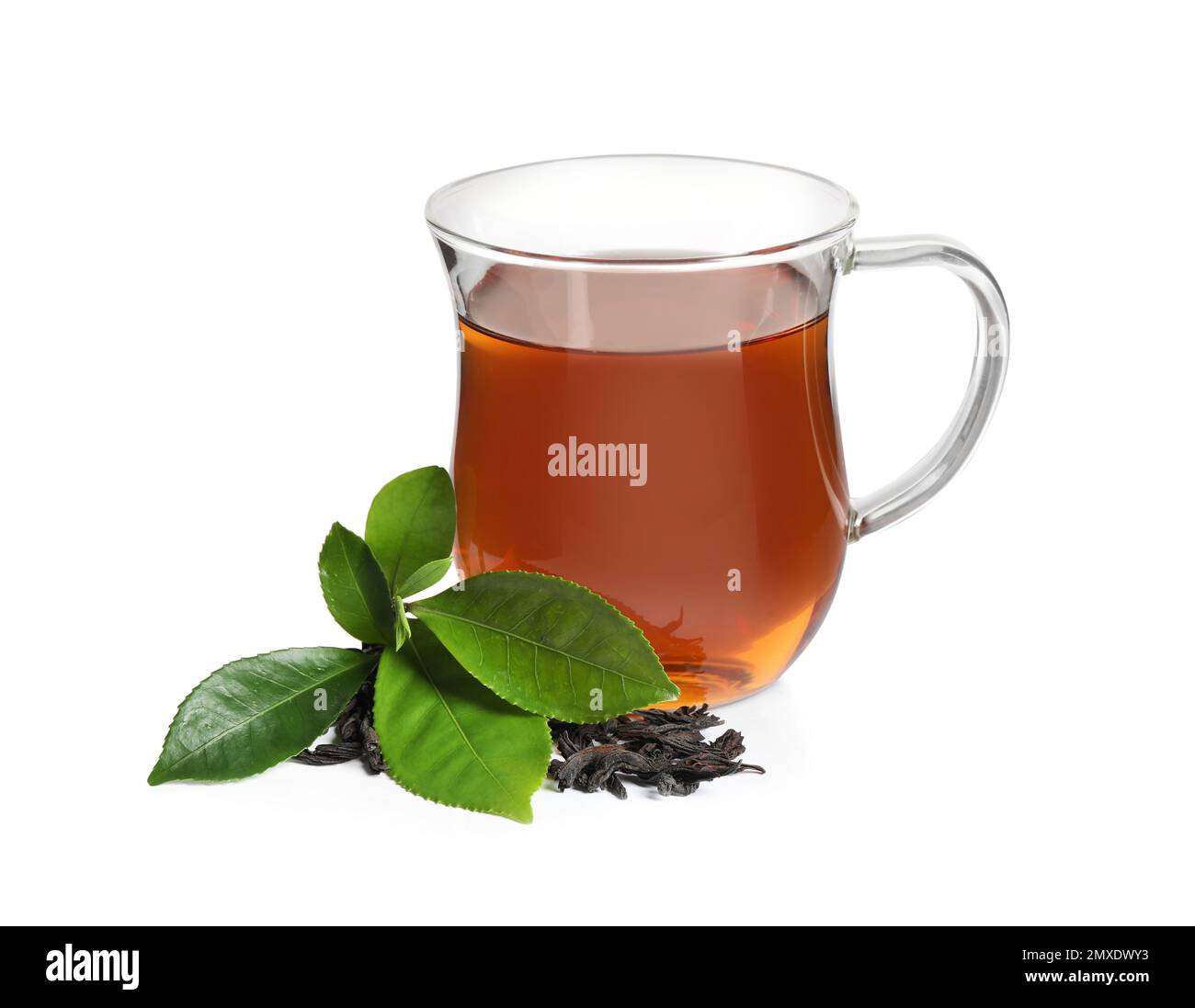 Tasty black tea with fresh and dry leaves on white background Stock