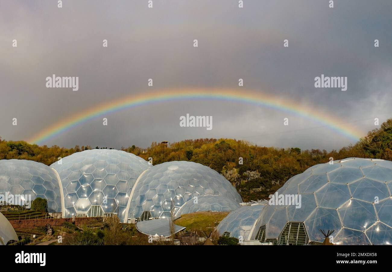 Eden Project, Cornwall, UK. 3rd Feb 2023. UK Weather. Rain and sunshine today for mid-Cornwal, with this rainbow forming over the biomes at the Eden project, this morning, Credit Simon Maycock / Alamy Live News. Stock Photo
