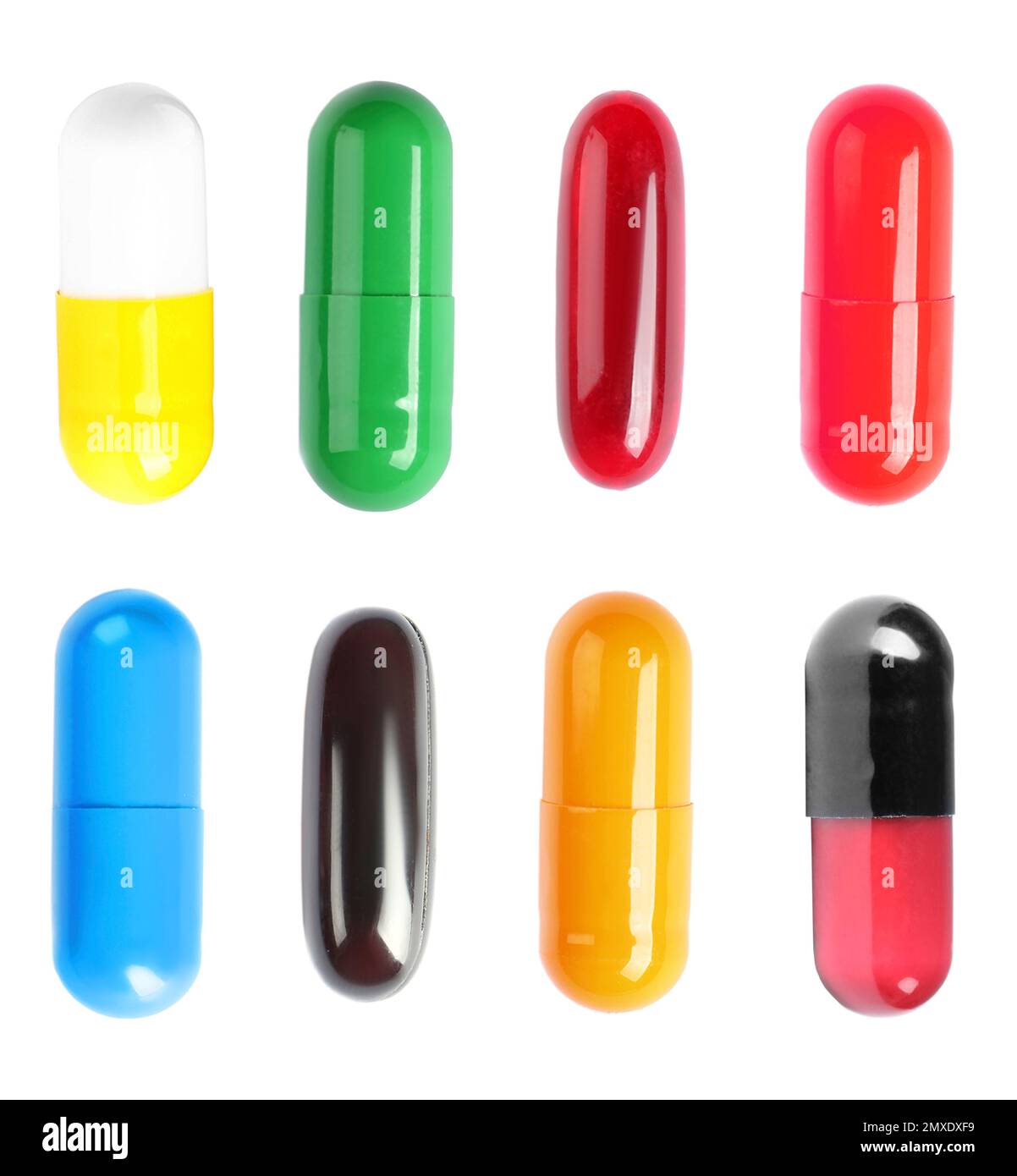 Set with colorful pills on white background, top view Stock Photo