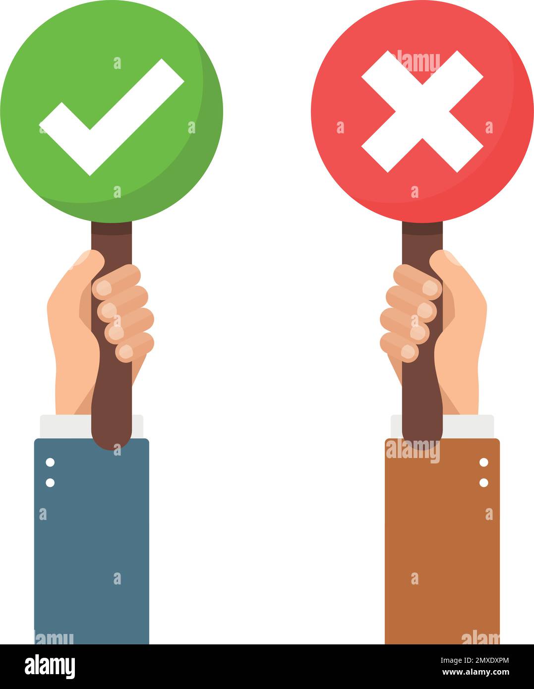 Hands hold signboard icon in flat style. Right and wrong feedback ...