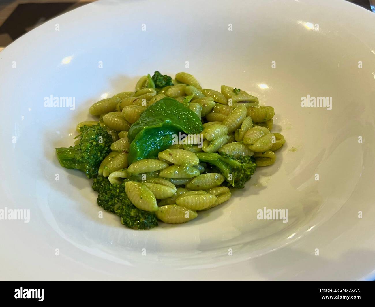 Sardinian gnocchi or malloreddus traditional Sardinian pasta topped with broccoli Stock Photo