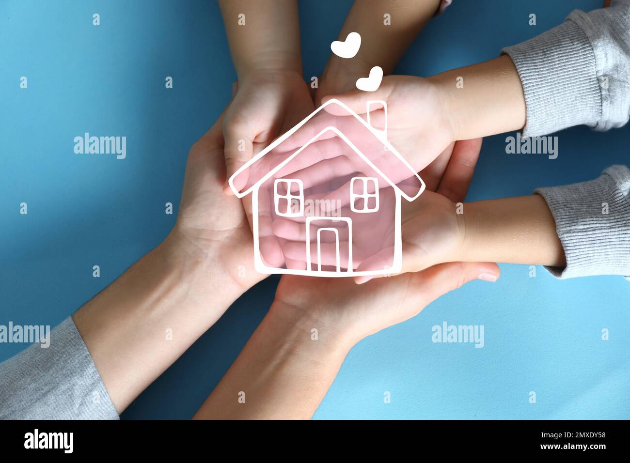 Illustration of house and happy family holding hands on blue background ...