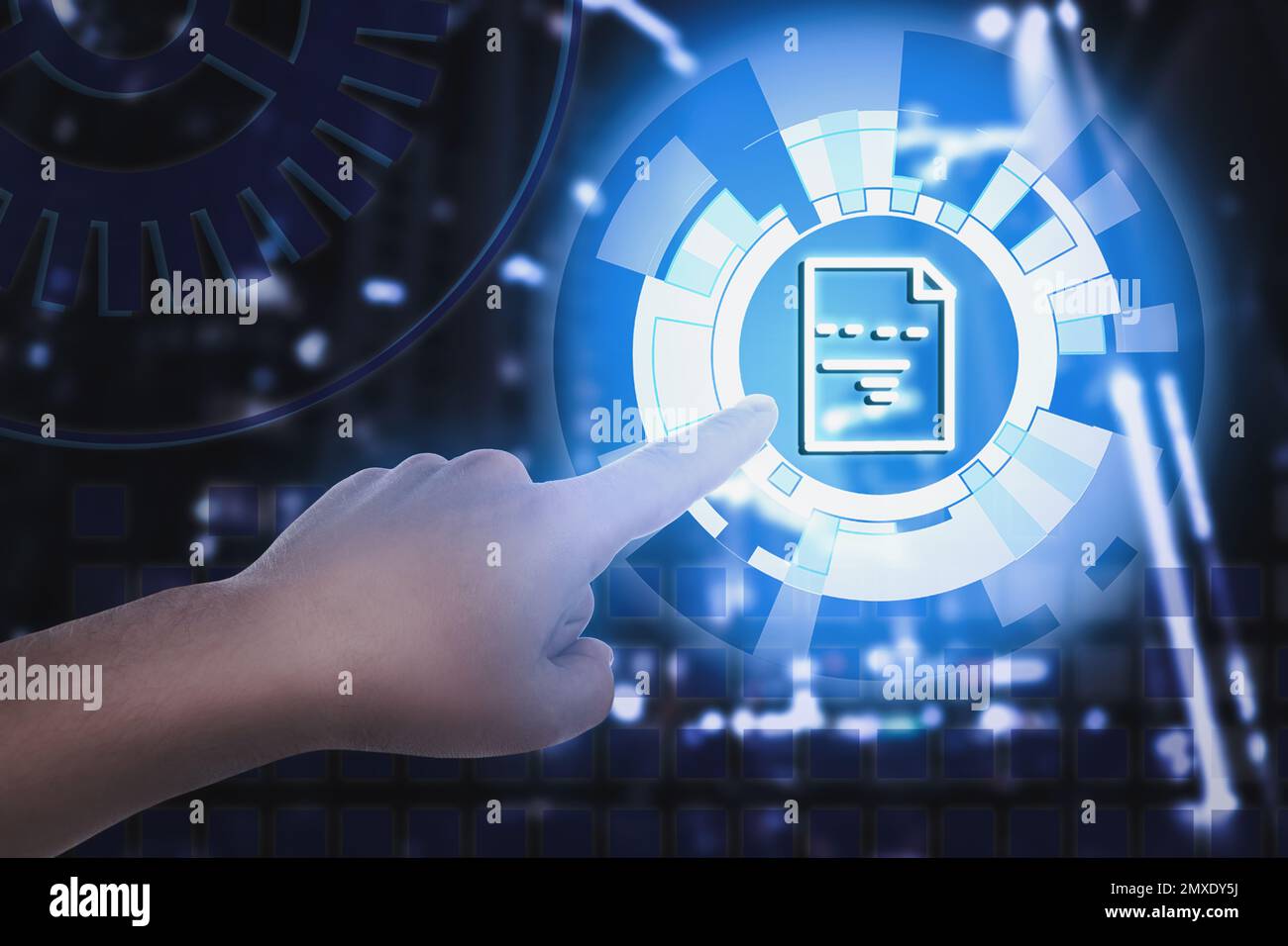 Man clicking on document icon using virtual screen, closeup Stock Photo