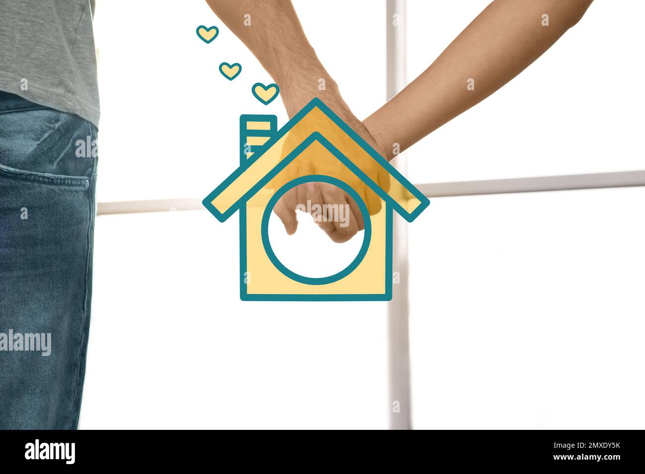 Family holding hands together and illustration of house indoors, closeup. Adoption concept Stock Photo