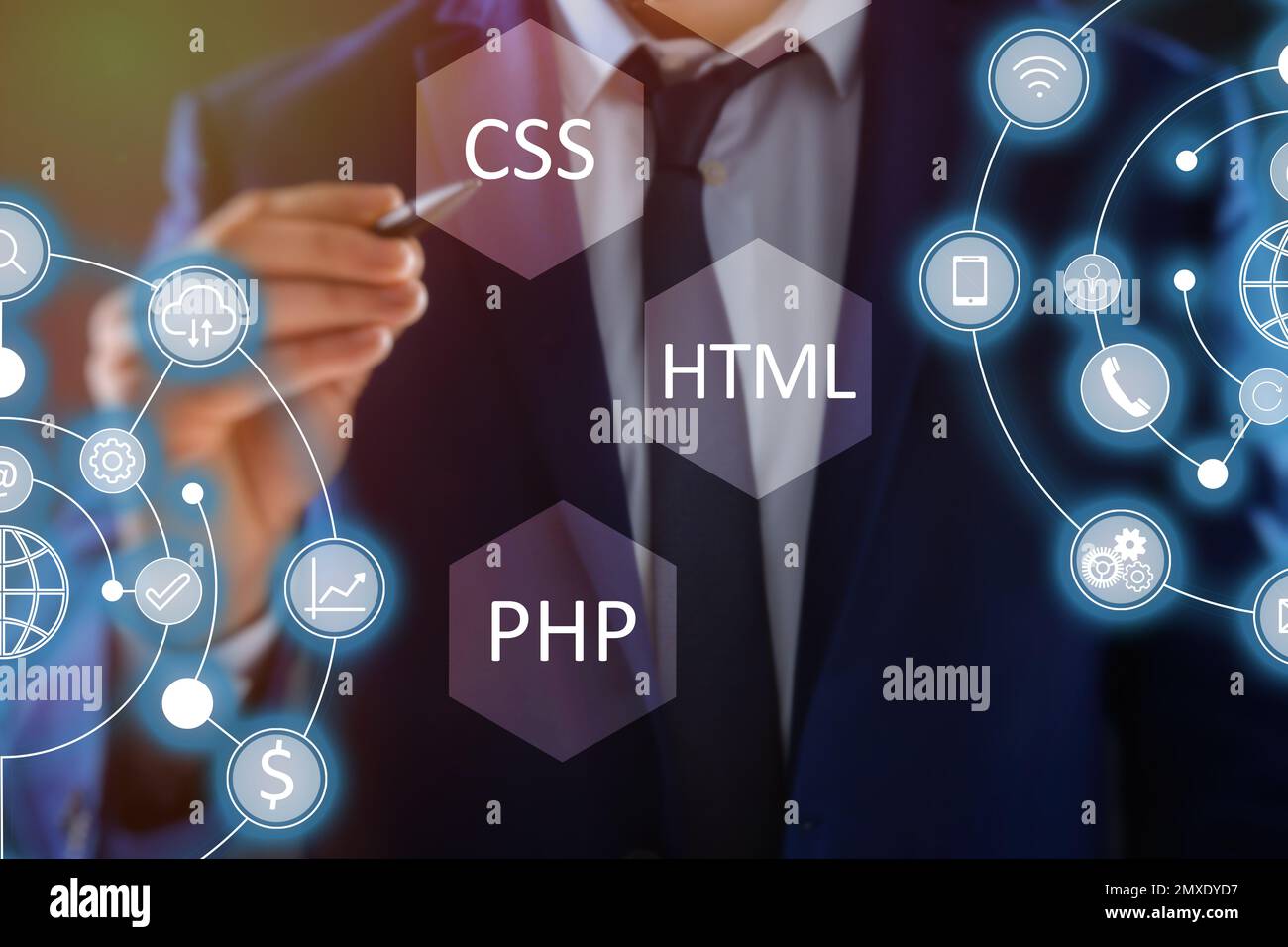 Web development. Man using button CSS on virtual screen, closeup Stock Photo