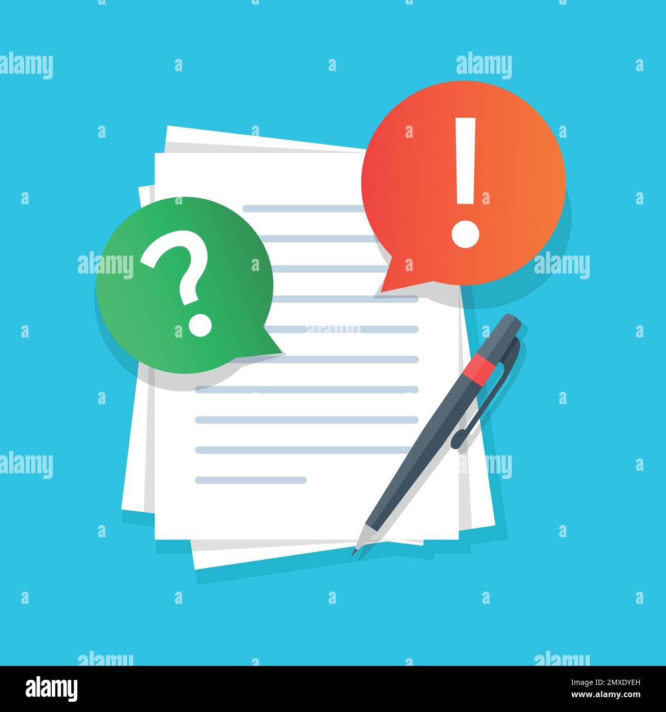 Document with question mark and pen icon in flat style. Quiz survey