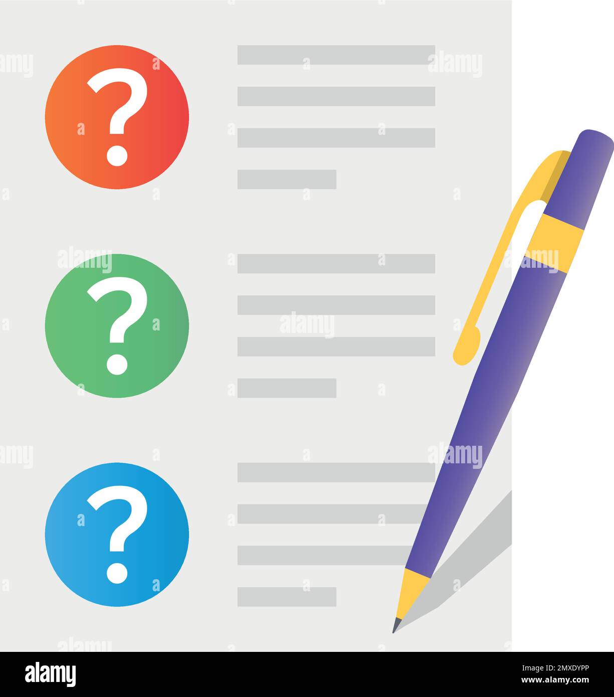 Document with question mark and pen icon in flat style. Quiz survey
