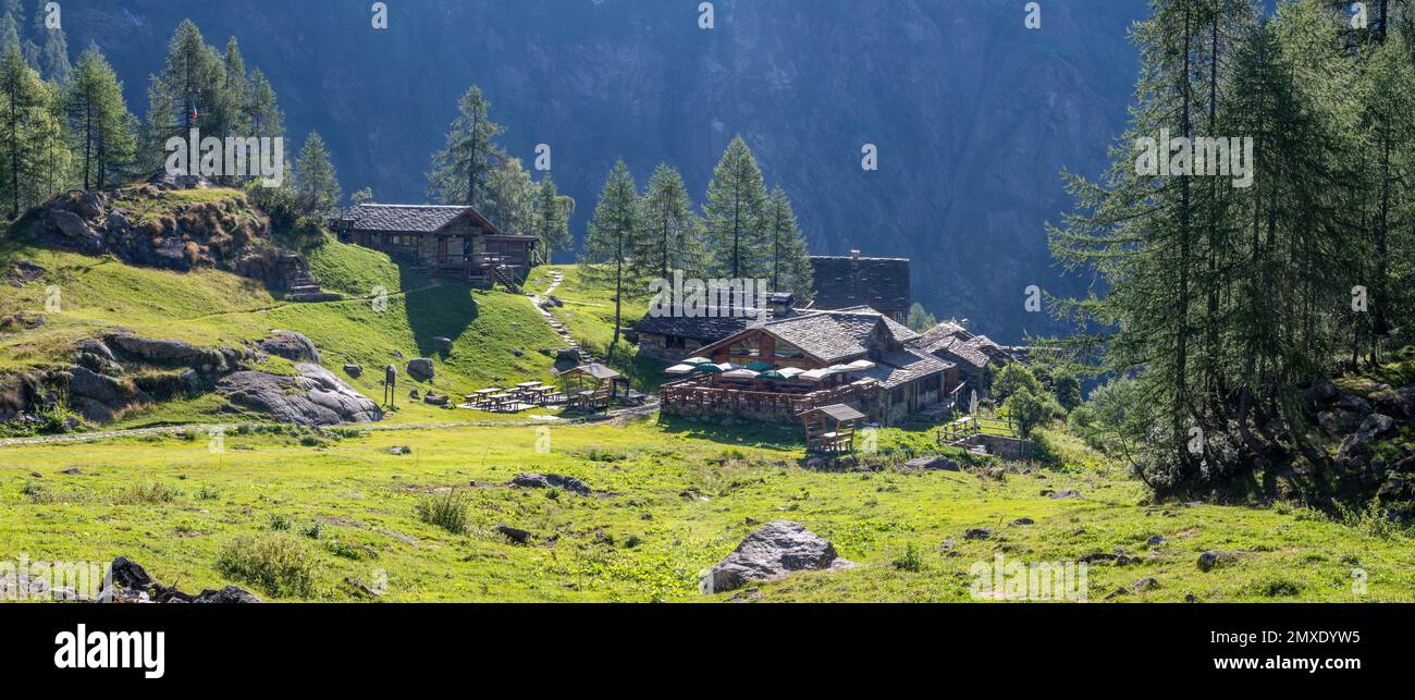 The chalet Riffugio Pastore in the morning light -  Valsesia valley - Italy. Stock Photo