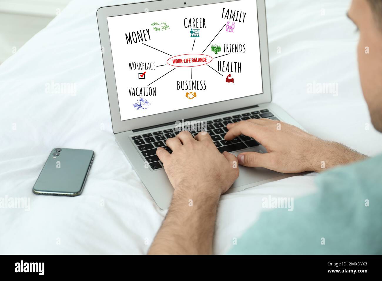 Work-life balance concept. Man with modern laptop at home, closeup ...