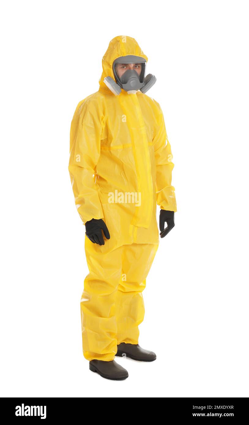 Man wearing chemical protective suit on white background. Prevention of virus spread Stock Photo