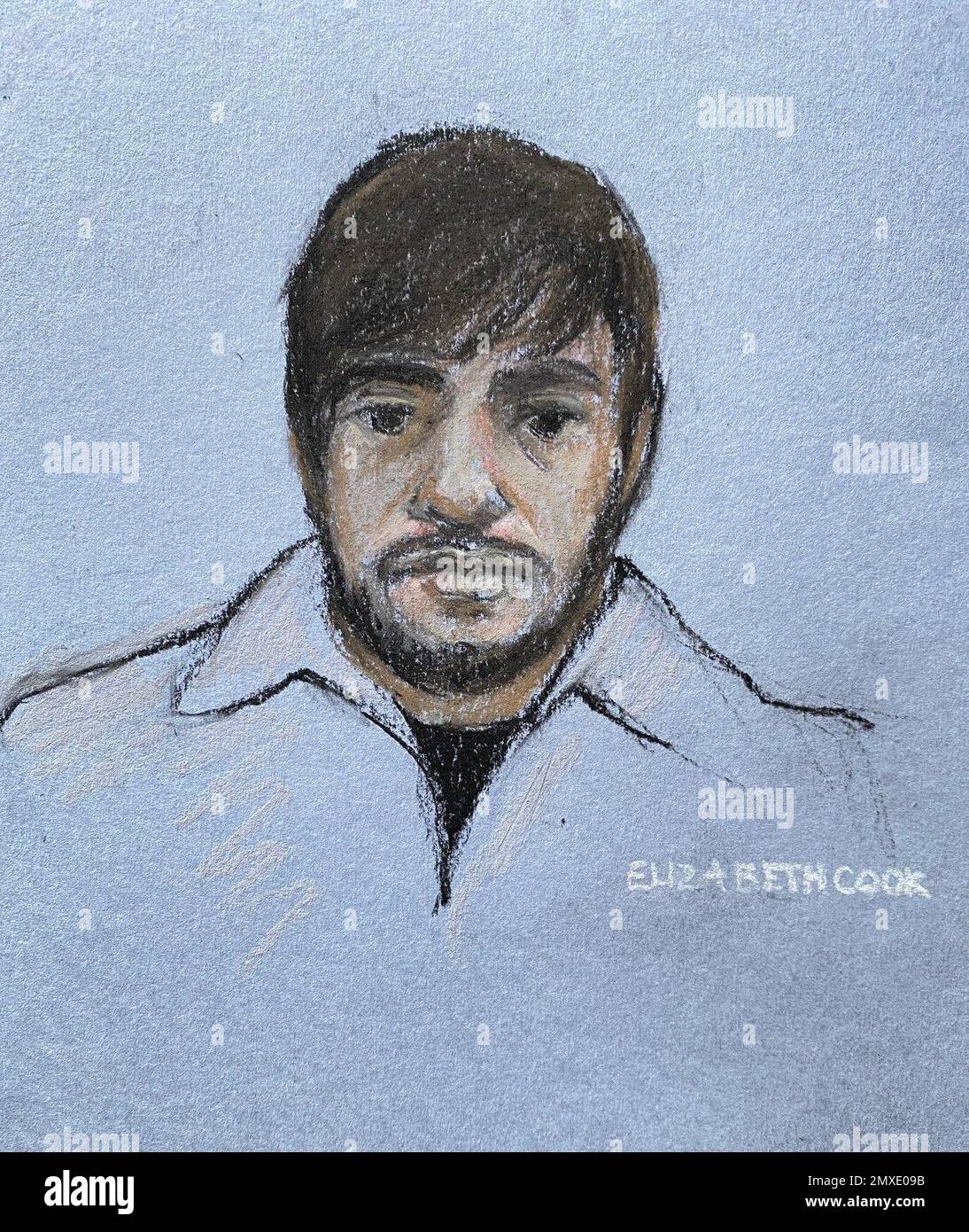 Court artist sketch by Elizabeth Cook of Jaswant Singh Chail, 21, from Southampton, appearing by video link at the Old Bailey, London, where he pleaded guilty to three charges, including an offence under the Treason Act, during a hearing at the court on Friday, after he admitted trying to harm the Queen when he was caught in the grounds of Windsor Castle with a loaded crossbow and wearing a mask. Picture date: Friday February 3, 2023. Stock Photo