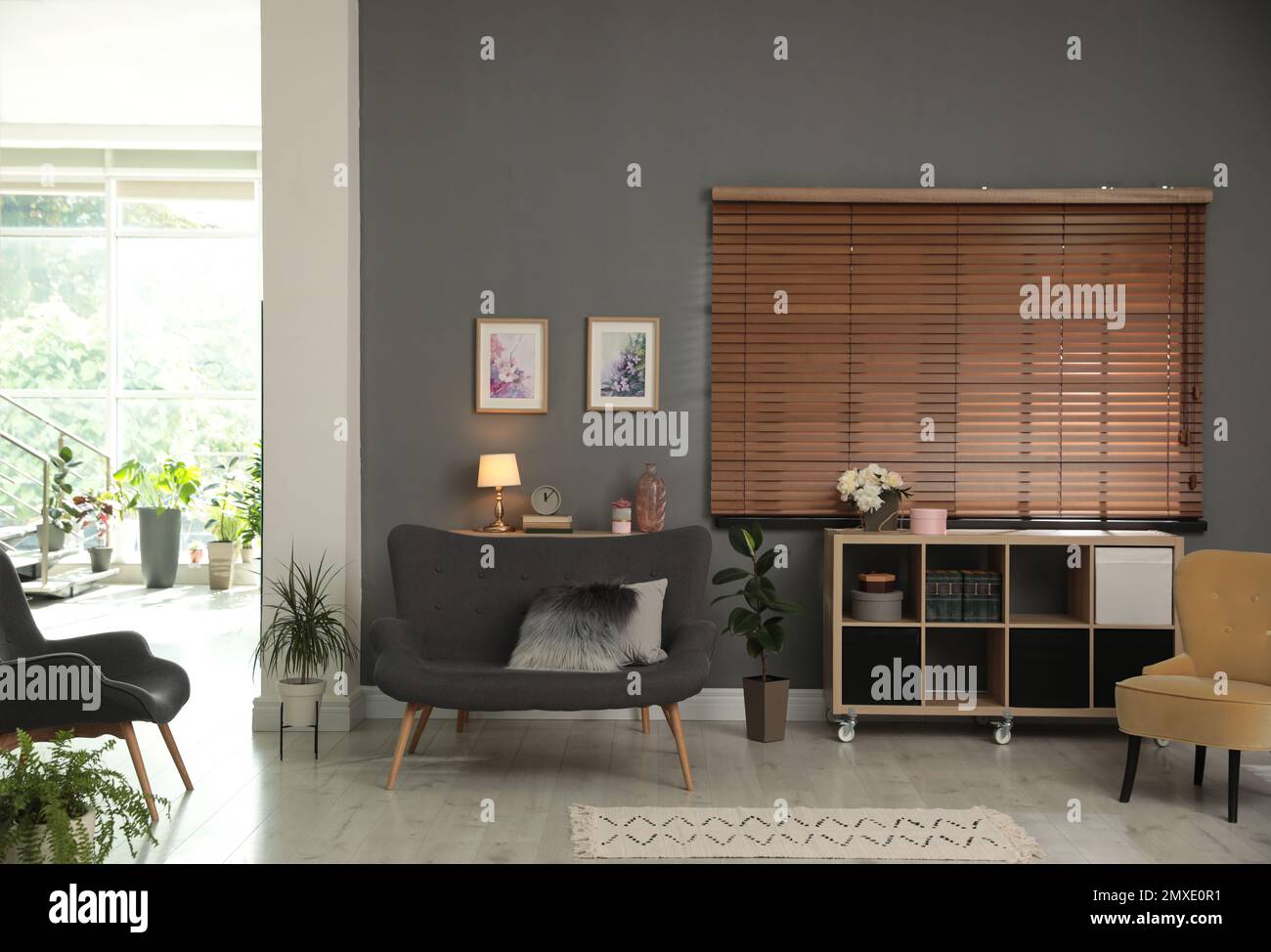 Stylish living room and hall in spacious house. Interior design Stock ...