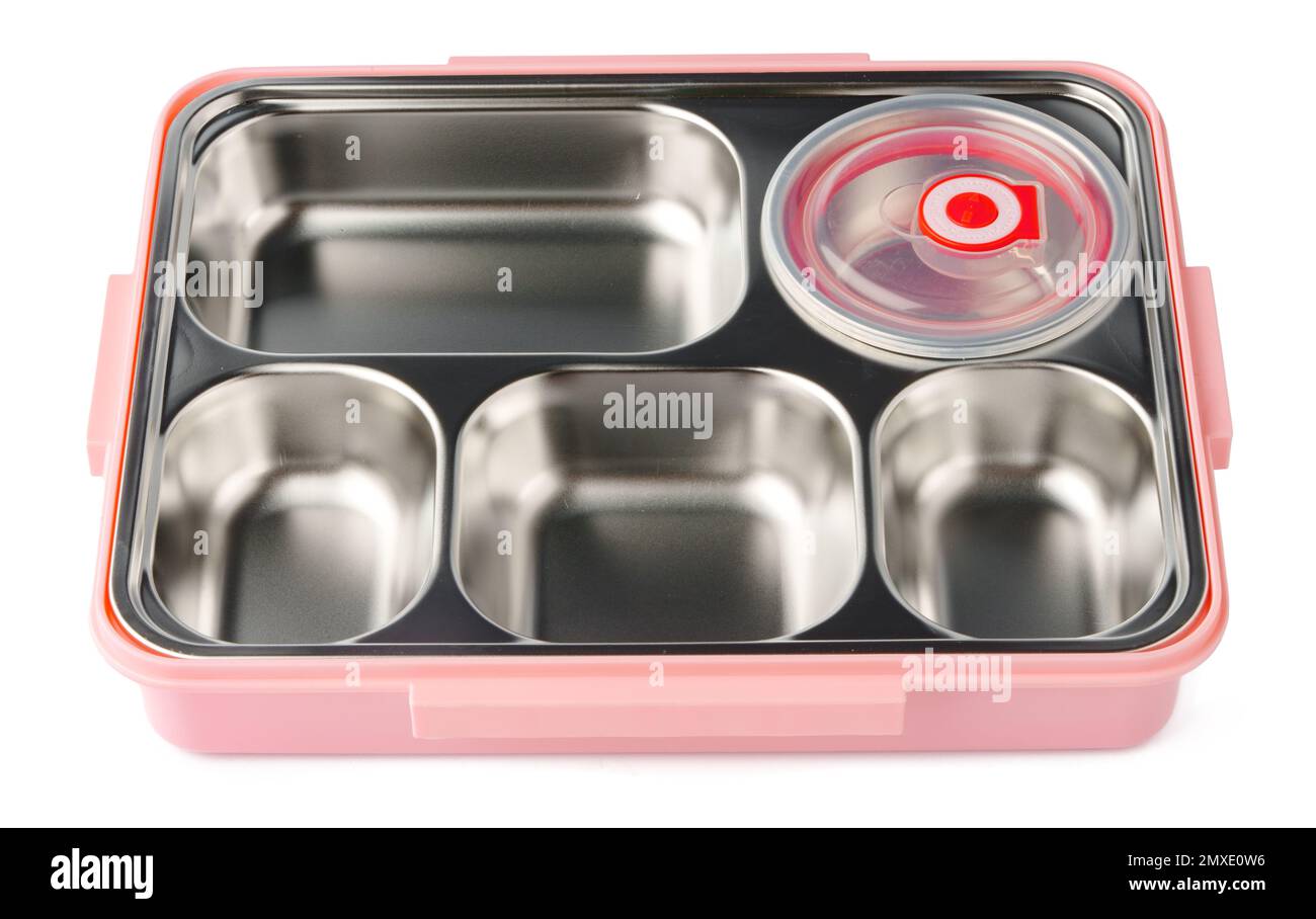 Empty lunch box with metal compartments isolated on white background