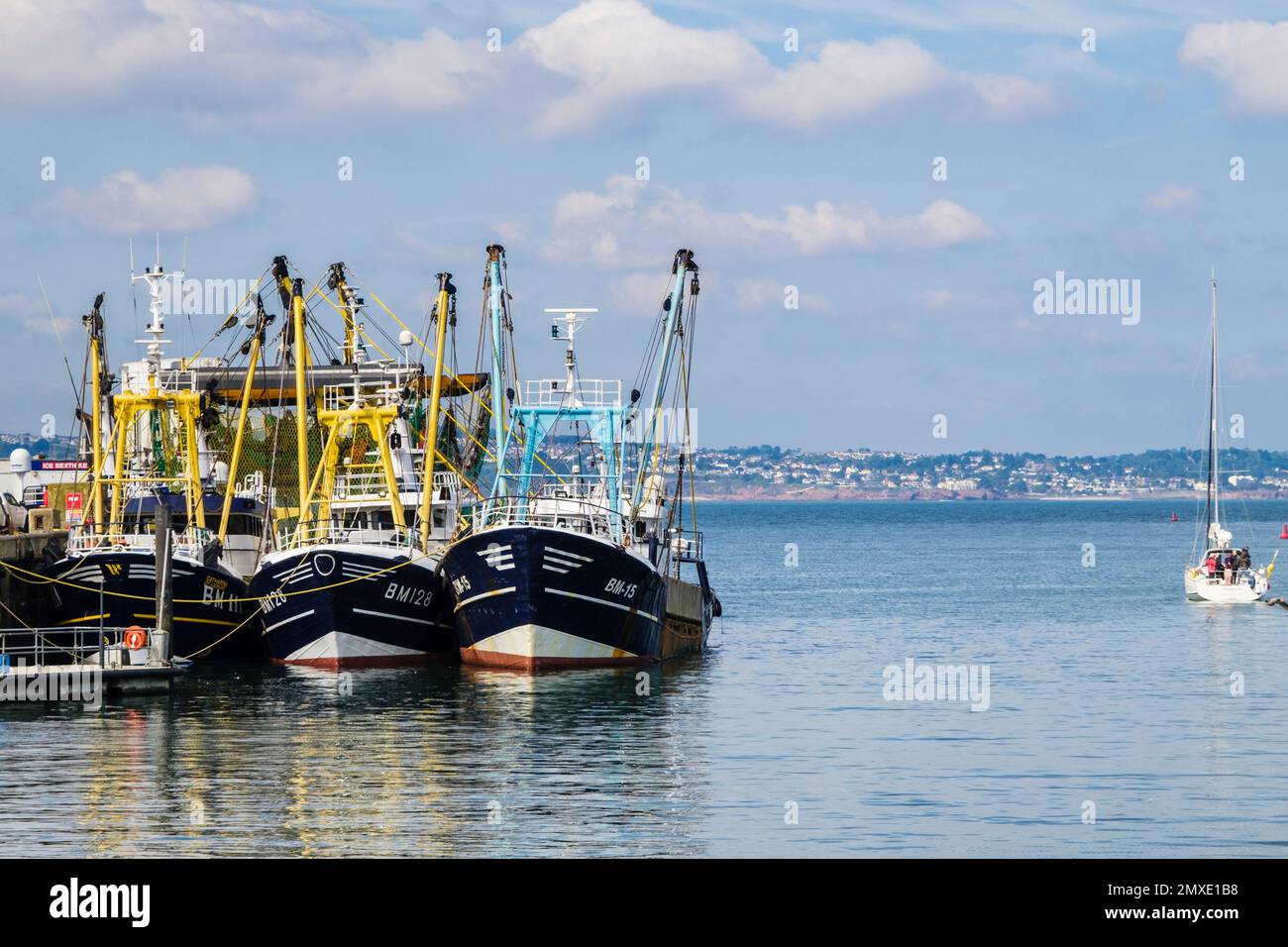 Commercial fishing trawlers in port in the outer harbour. Brixham, Devon, England, UK, Britain Stock Photo