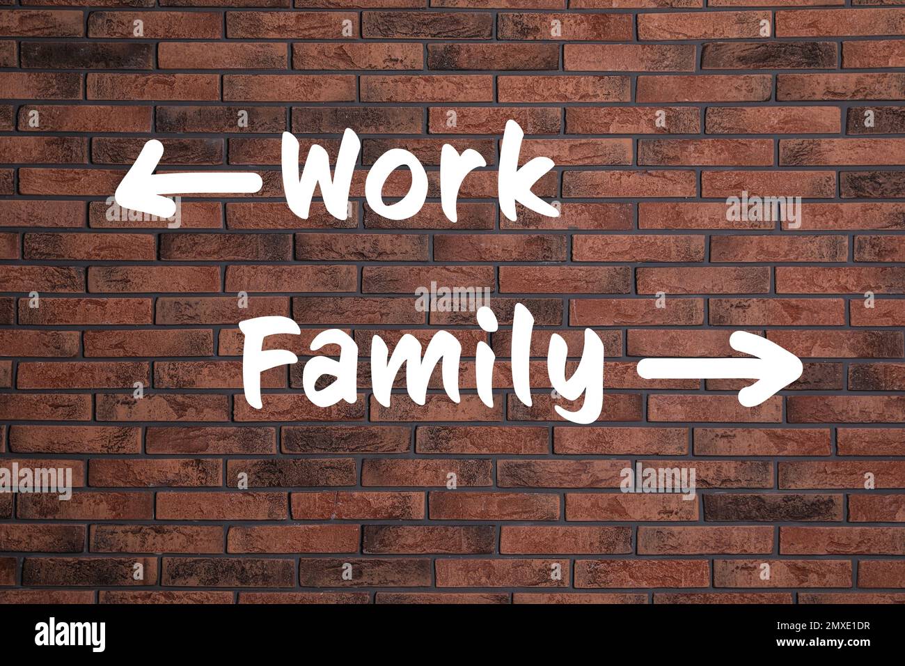 Life choice. Arrows with words work and family on brick wall Stock ...
