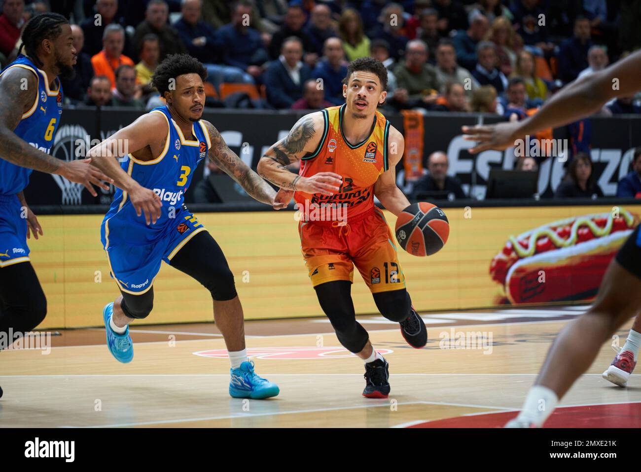 Valencia, Spain. 02nd Feb, 2023. Jalen Adams of Maccabi Playtika Tel Aviv  (L) and Jonah Radebaugh of Valencia basket (C) in action during the J22  Turkish Airlines EuroLeague between Valencia Basket and
