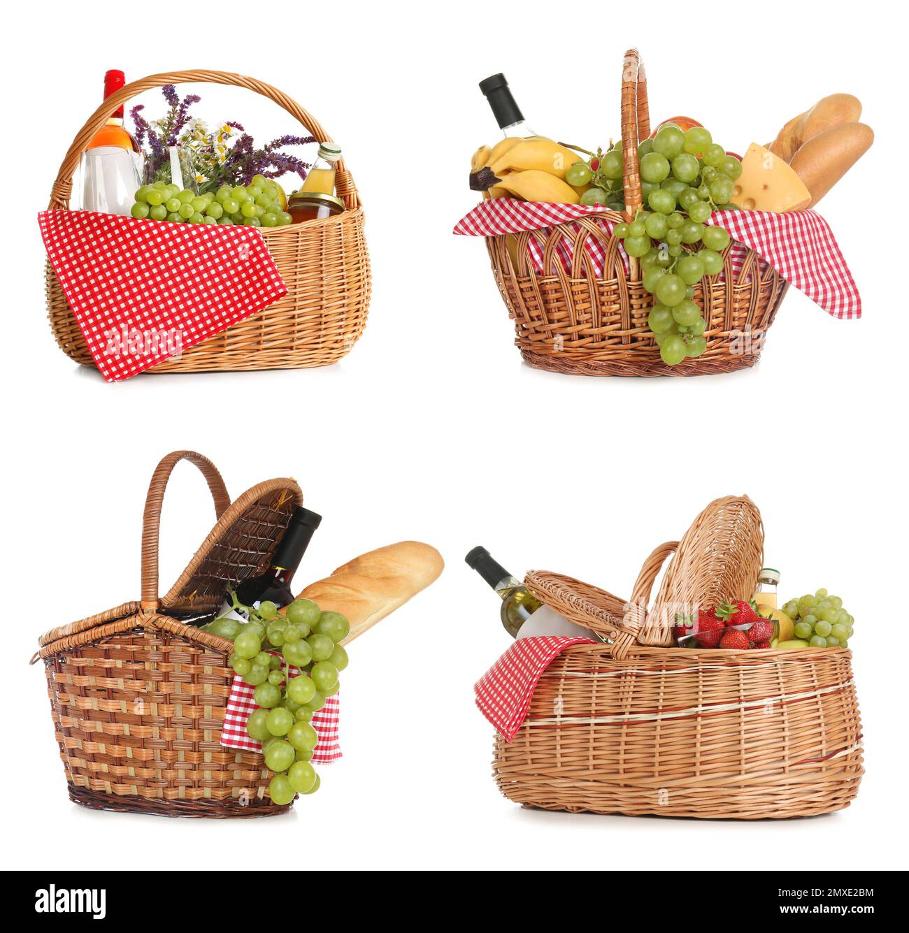 Set of wicker picnic baskets with products on white background Stock ...