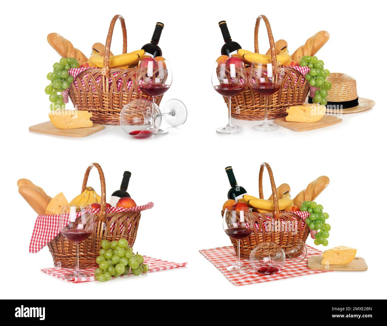 Set of wicker picnic baskets with products on white background Stock ...