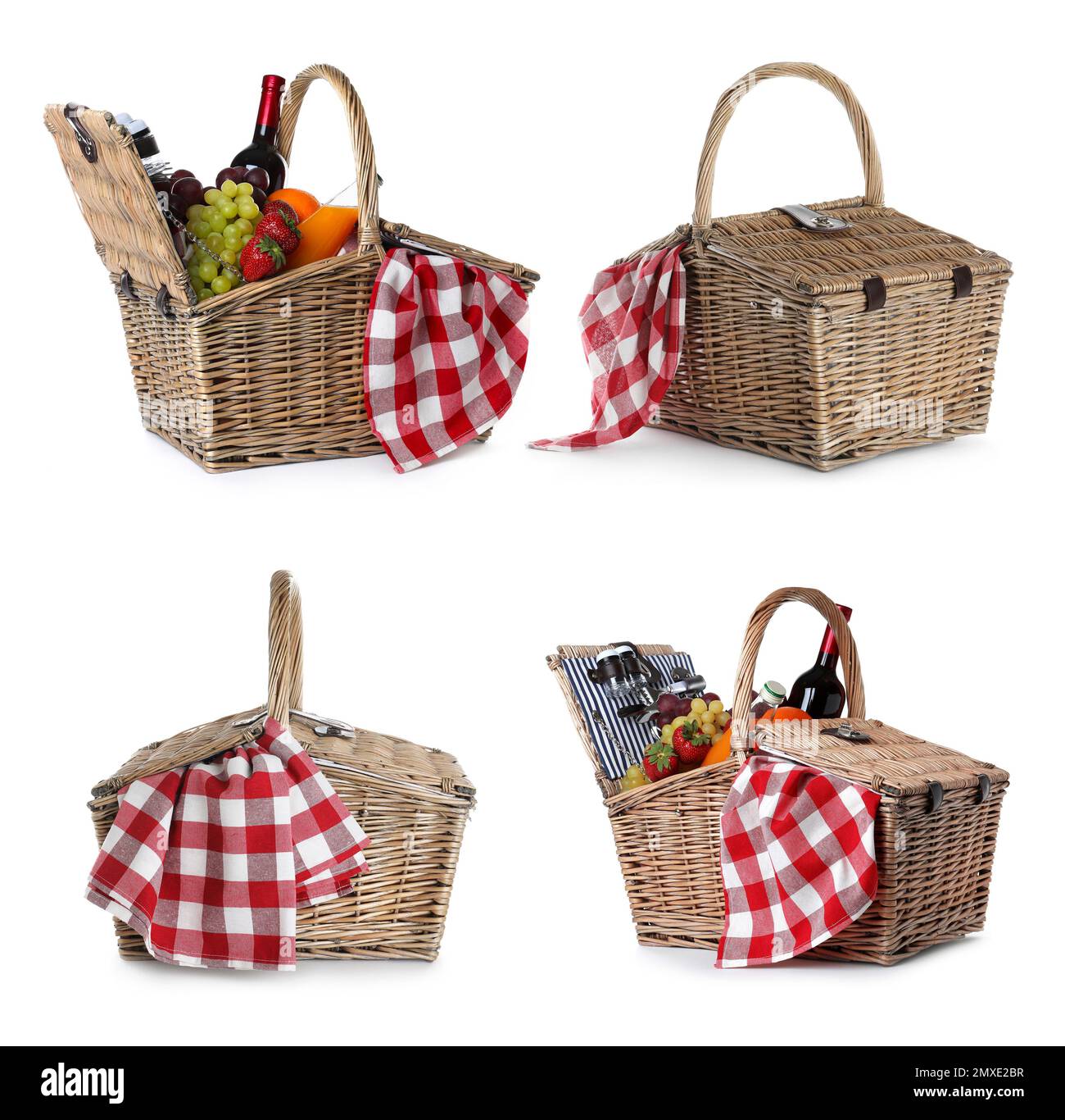 Set of wicker picnic baskets with products on white background Stock ...