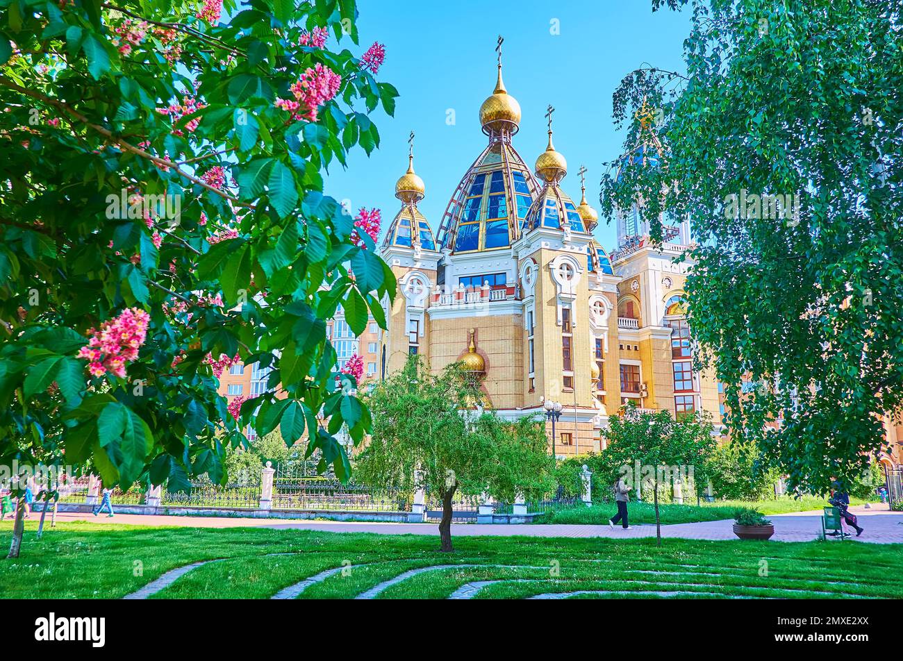 The modern Nativity Church from park of Obolonska Embankment with