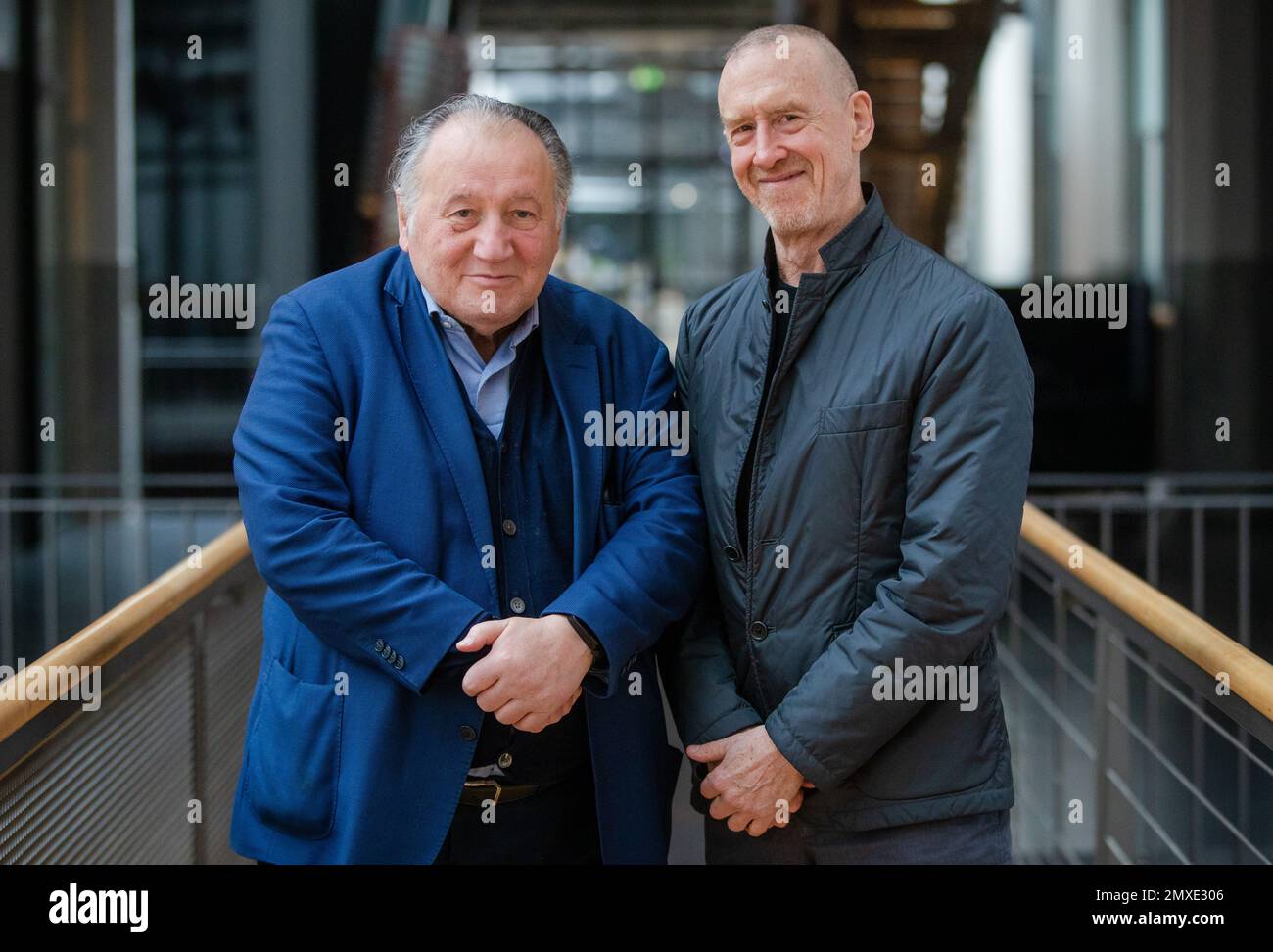 Karlsruhe, Germany. 03rd Feb, 2023. Choreographer William Forsythe (r) stands next to Peter Weibel (l), director of the Karlsruhe Center for Art and Media (ZKM). Forsythe has given his archive to the ZKM Media Art Center. The center will preserve and make accessible the artist's collection of audiovisual media and documents spanning some 50 years in the long term. Credit: Christoph Schmidt/dpa/Alamy Live News Stock Photo