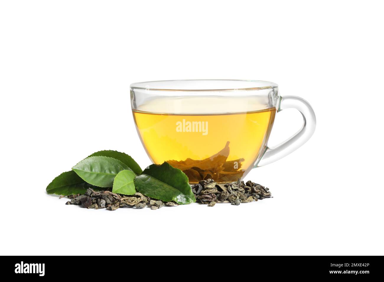 Tasty green tea with fresh and dry leaves on white background Stock ...