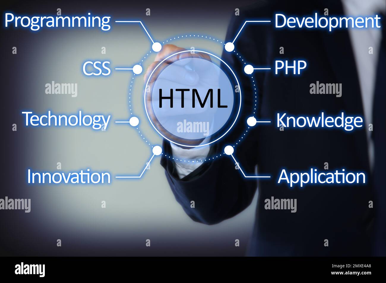 Web development. Man near virtual screen with scheme, closeup Stock ...