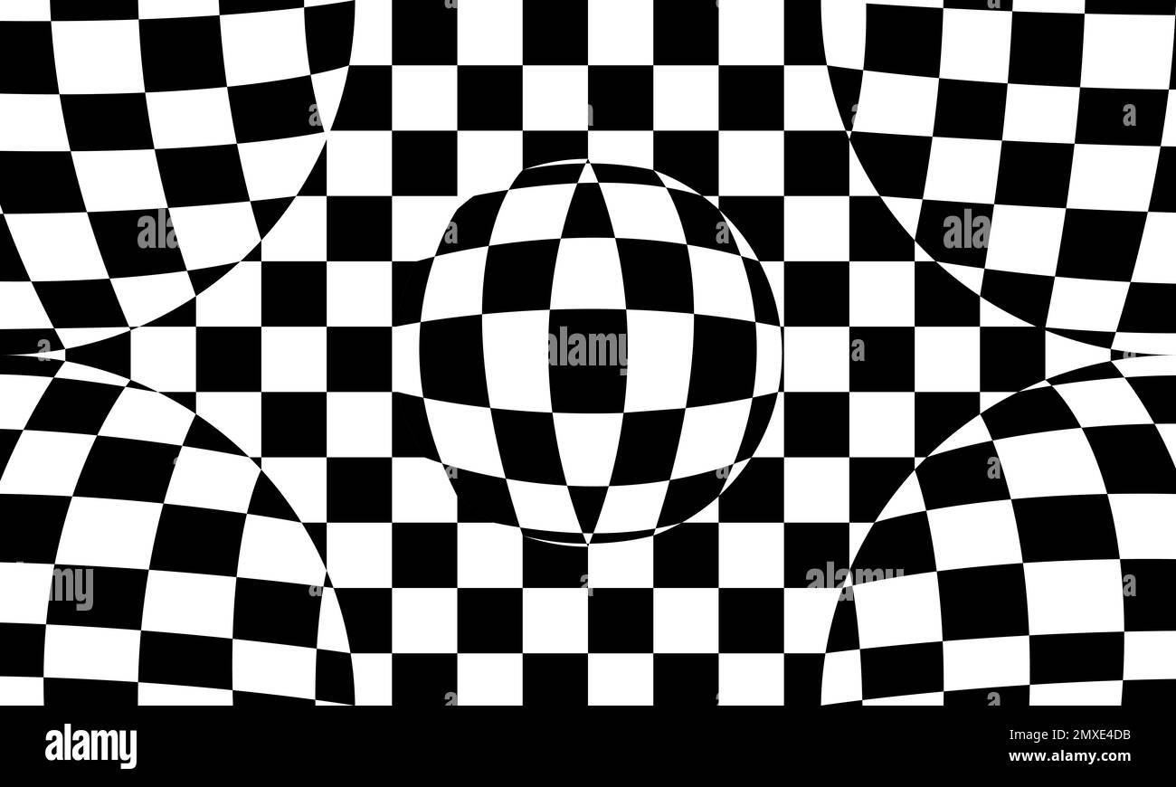 distorted checkered pattern.  optical illusion vector background with black and white chess pattern Stock Vector