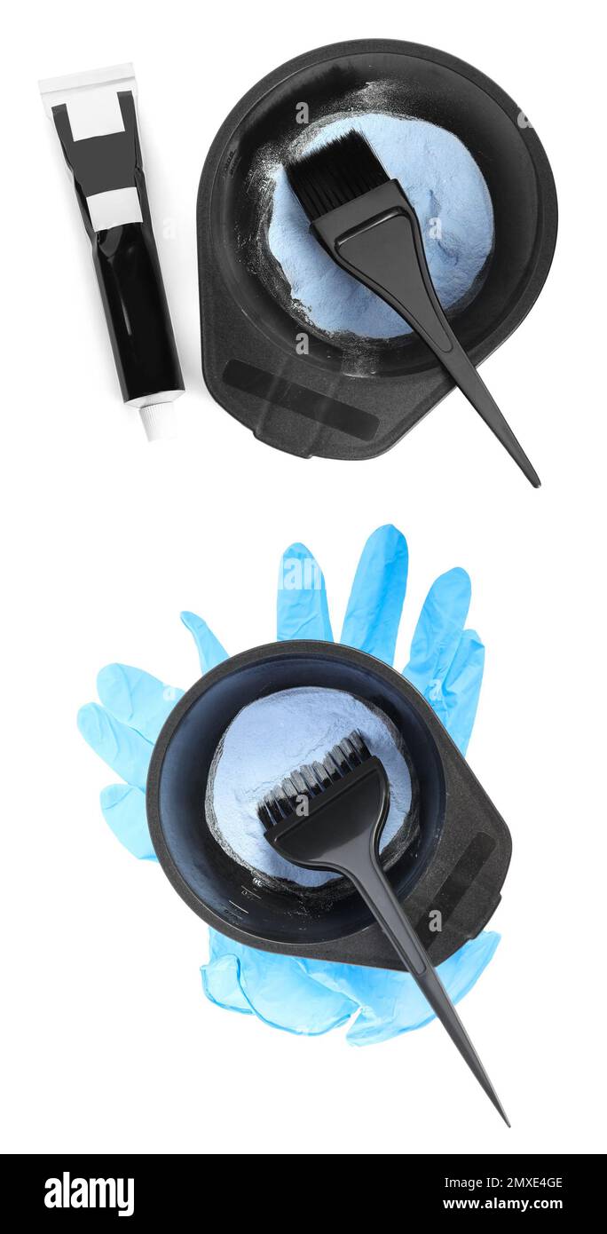Bowls with hair dye, brush and rubber gloves on white background, top