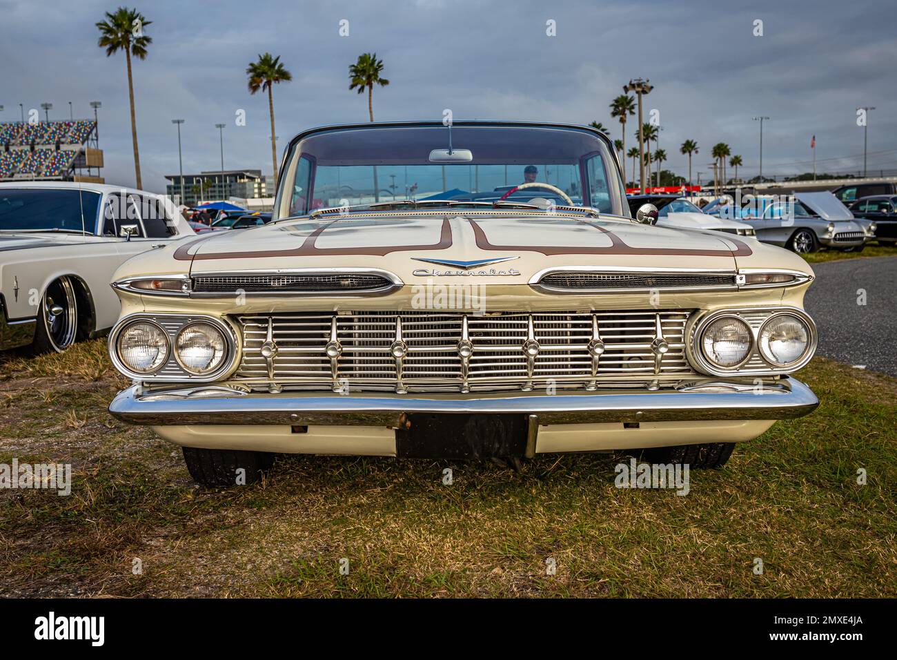 Daytona Beach, FL - November 26, 2022: Low perspective front view of a 1959 Chevrolet El Camino Pickup at a local car show. Stock Photo